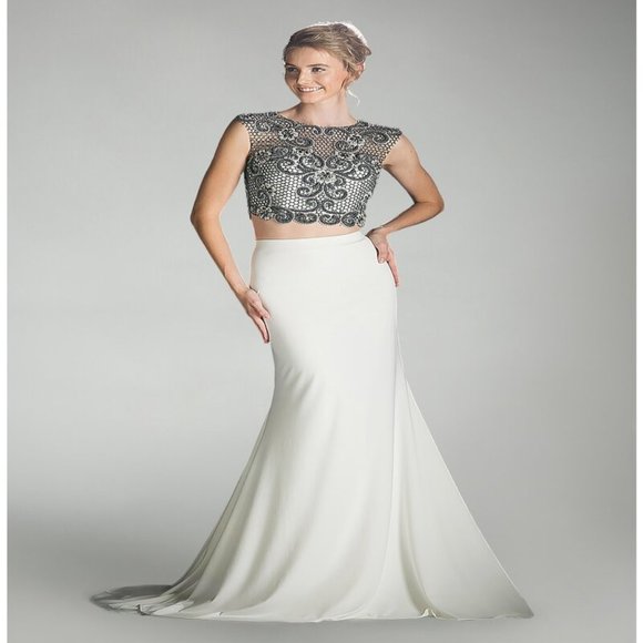 LONG TWO PIECE IVORY DRESS BY CINDERELLA DIVINE J755 - Picture 1 of 2